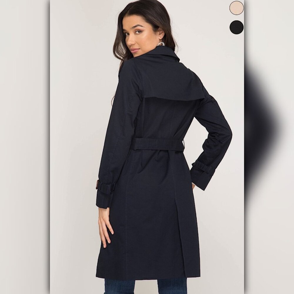 A090 • Navy Double Breasted Belted Trench Coat - Picture 3 of 7